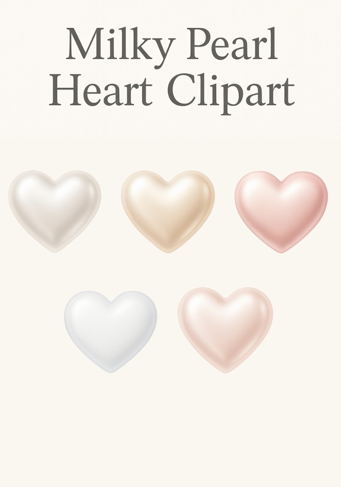 ミルキーパールハート クリップアート 5点セット|上品カラー・ぷるん質感・PNG素材・背景透過