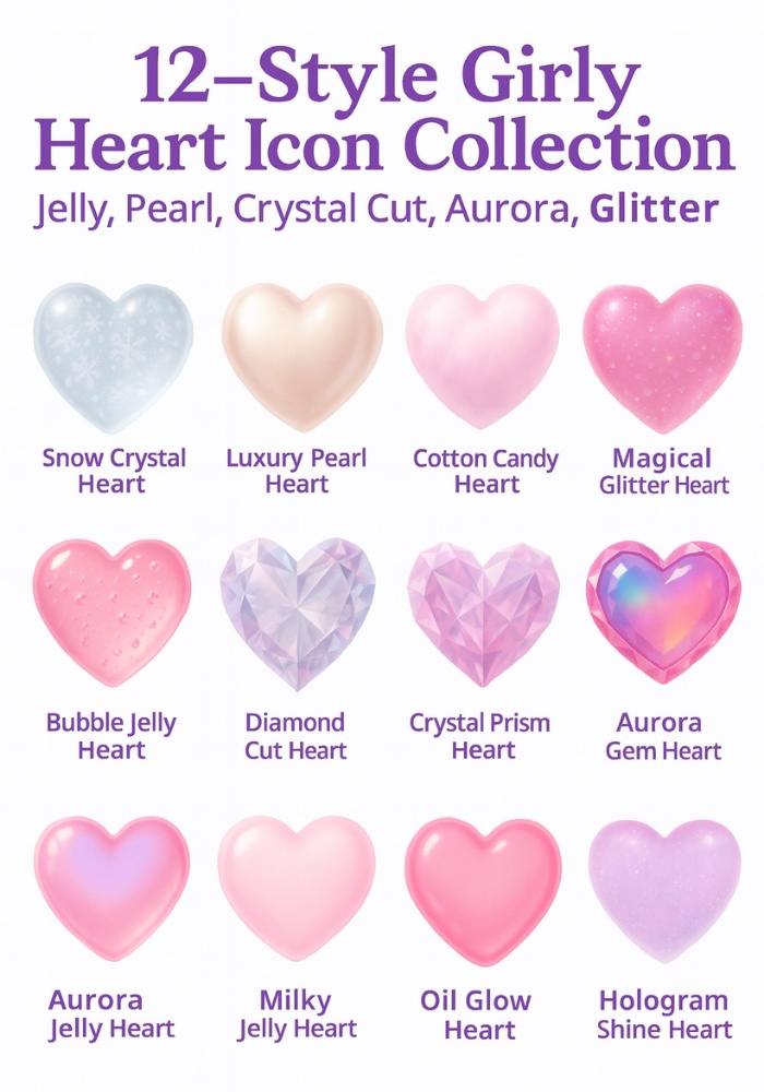 ぷるん透明＆宝石カットのガーリーハート素材12点セット｜ジェル／パール／オーロラ／グリッター（背景透過PNG）