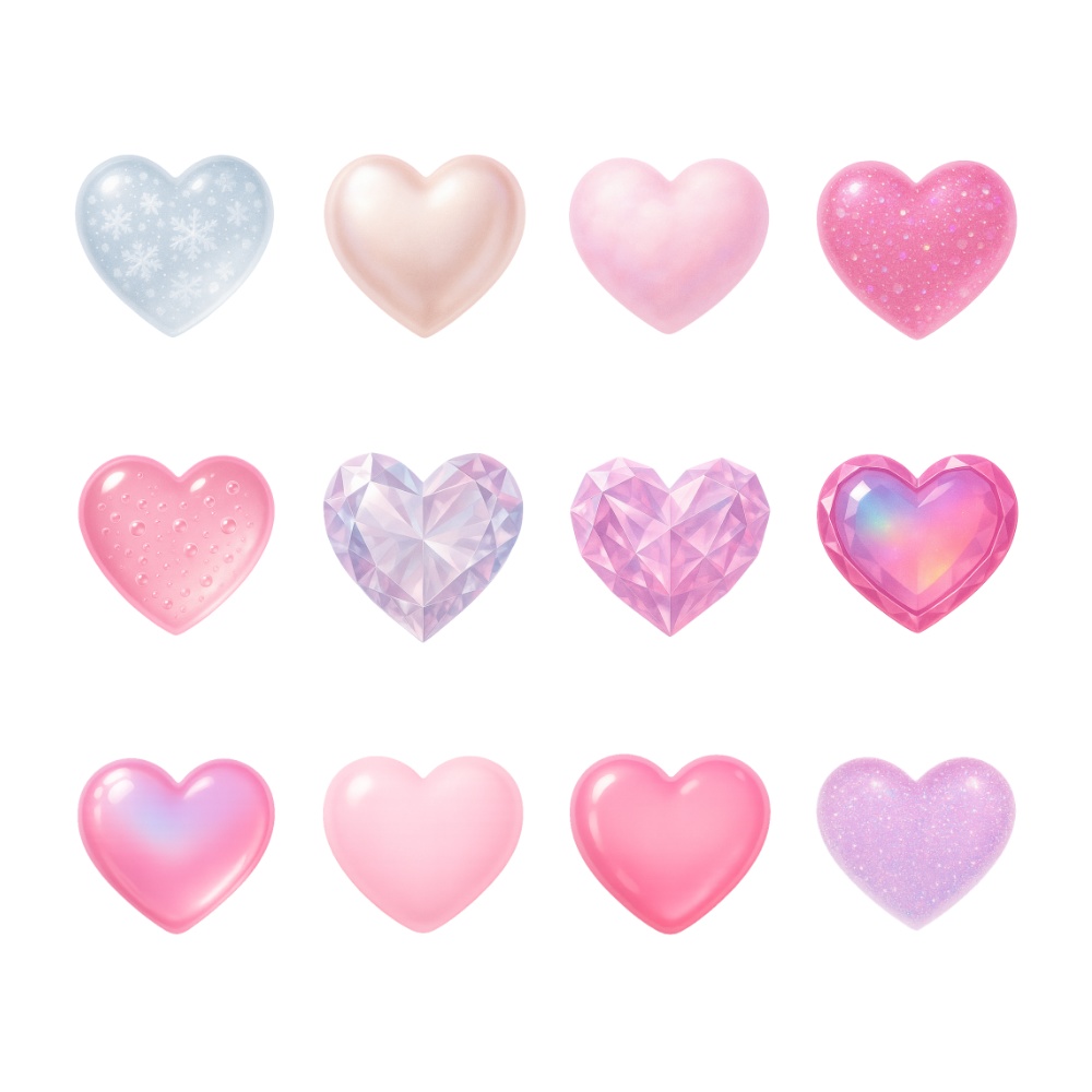 ぷるん透明&宝石カットのガーリーハート素材12点セット|ジェル/パール/オーロラ/グリッター(背景透過PNG)