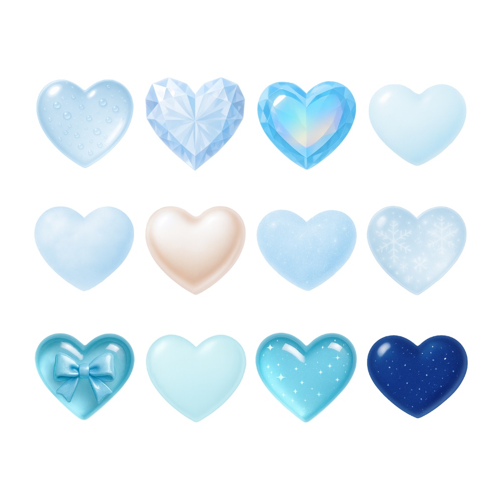 水色クリア&宝石カットの透明感ハート12点セット|ジェル/オーロラ/スノー/パール(背景透過PNG)