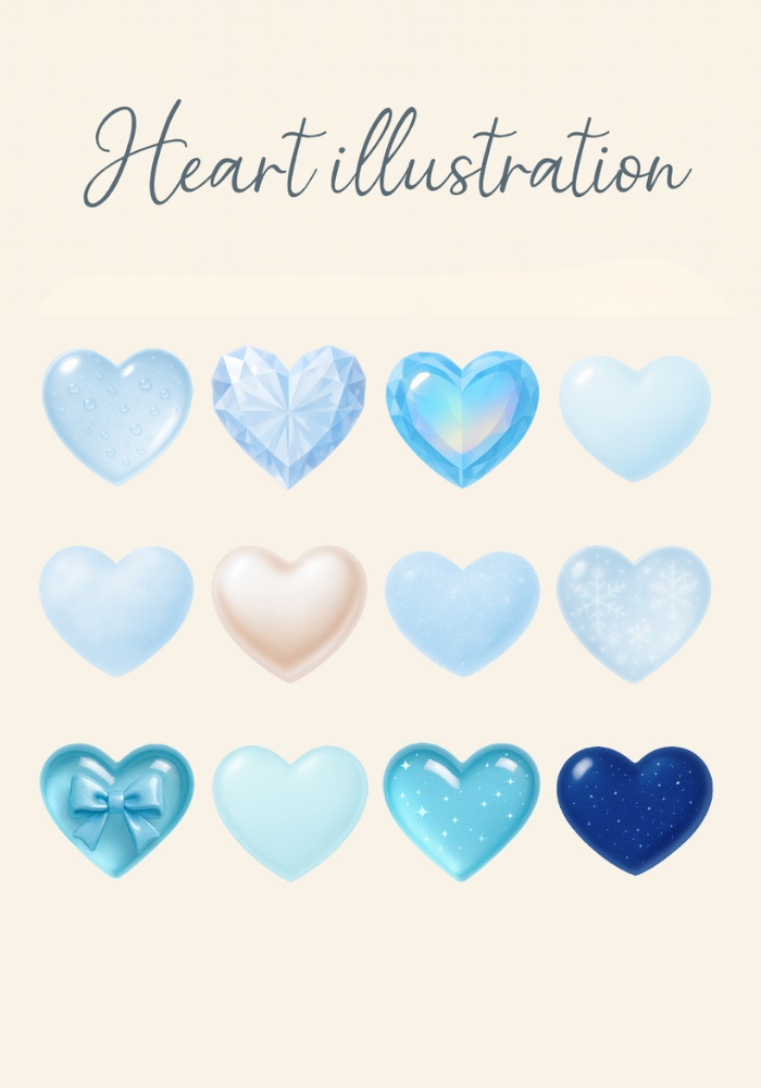 水色クリア＆宝石カットの透明感ハート12点セット｜ジェル／オーロラ／スノー／パール（背景透過PNG）