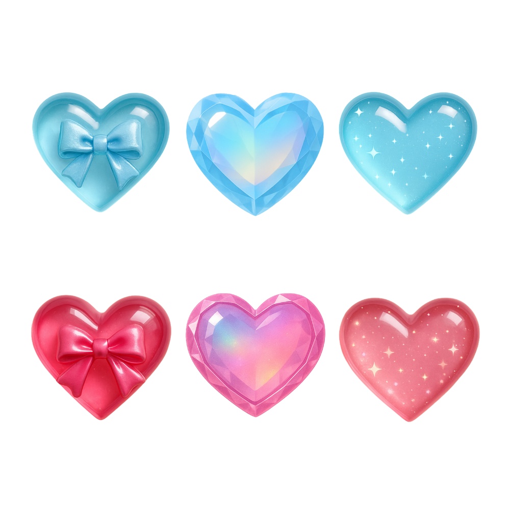リボン&オーロラ宝石&スターきらきら ハート素材6点セット|ブルー&ピンク(背景透過PNG)