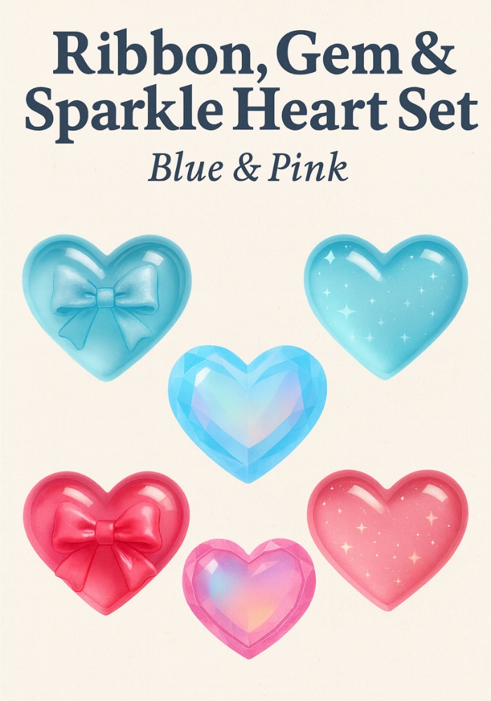 リボン&オーロラ宝石&スターきらきら ハート素材6点セット|ブルー&ピンク(背景透過PNG)