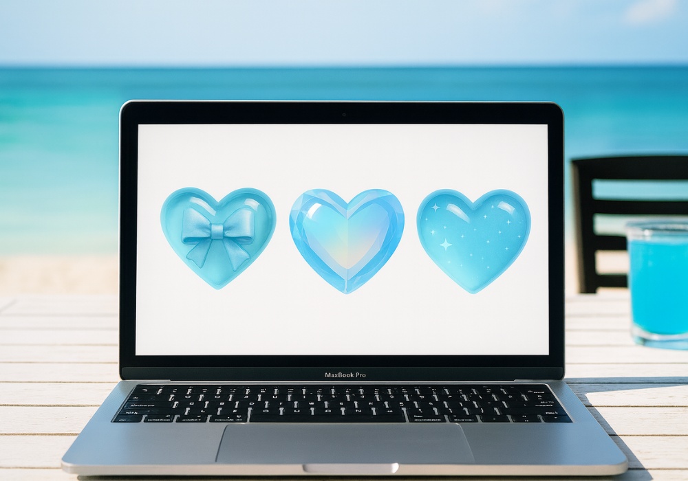 リボン&オーロラ宝石&スターきらきら ハート素材6点セット|ブルー&ピンク(背景透過PNG)