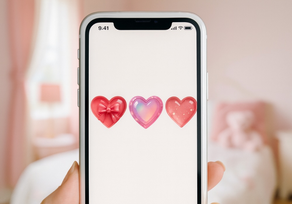 リボン&オーロラ宝石&スターきらきら ハート素材6点セット|ブルー&ピンク(背景透過PNG)