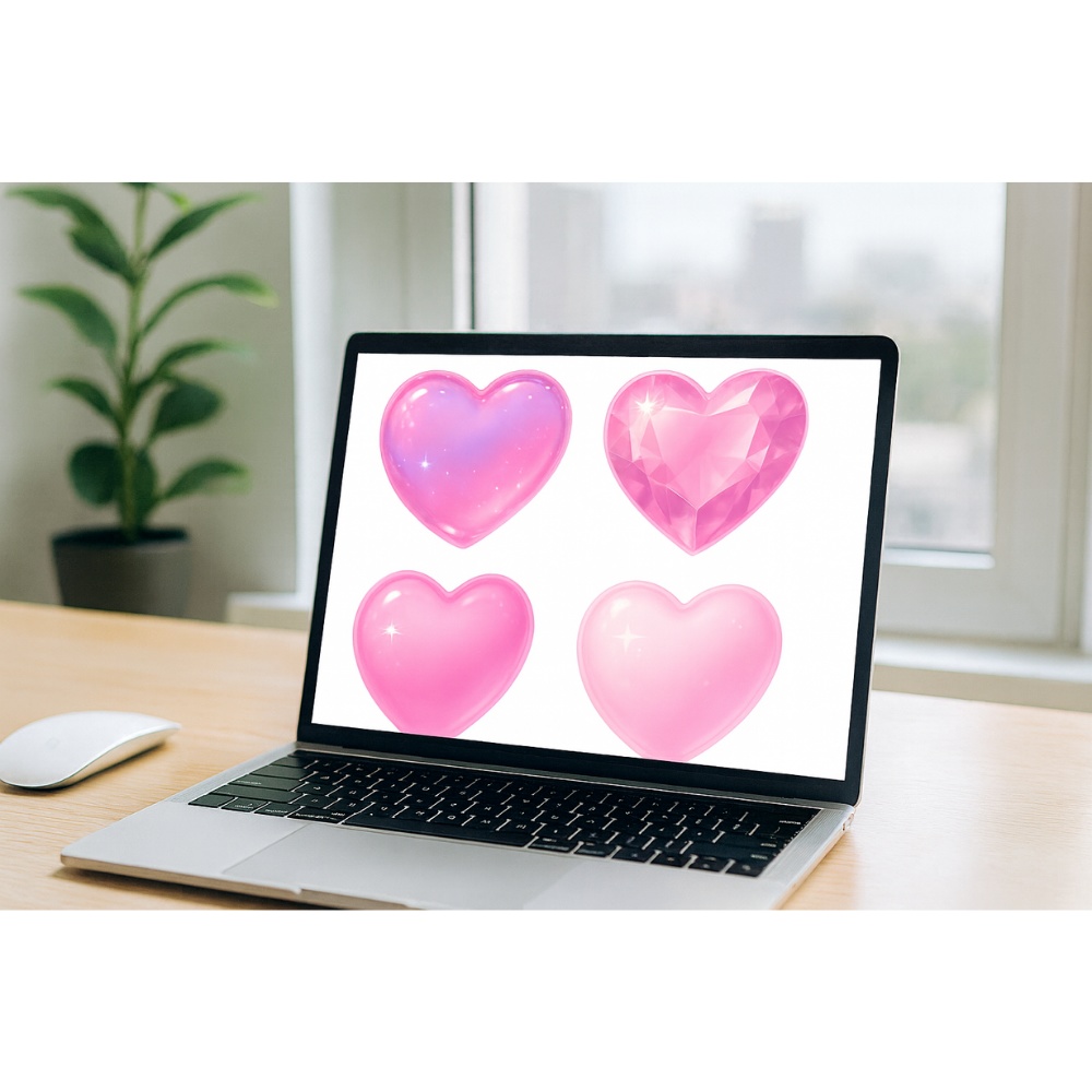 ぷるん透明ピンクハート4点セット|ジェル質感・宝石カット・ガーリー素材 PNG(背景透過)