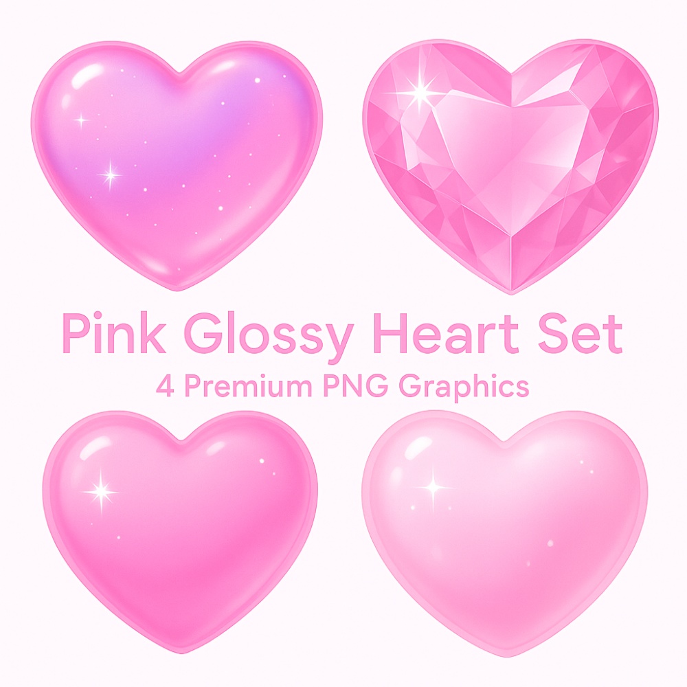 ぷるん透明ピンクハート4点セット|ジェル質感・宝石カット・ガーリー素材 PNG(背景透過)