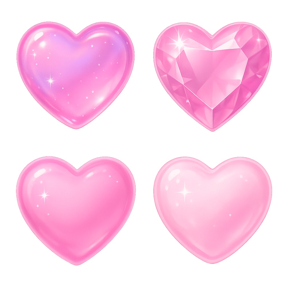 ぷるん透明ピンクハート4点セット|ジェル質感・宝石カット・ガーリー素材 PNG(背景透過)