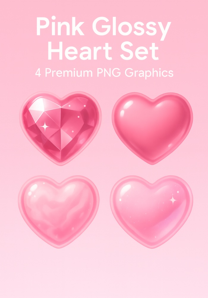 ぷるん透明ピンクハート4点セット②｜宝石カット・ジェル・ミルキー質感 PNG素材（背景透過）