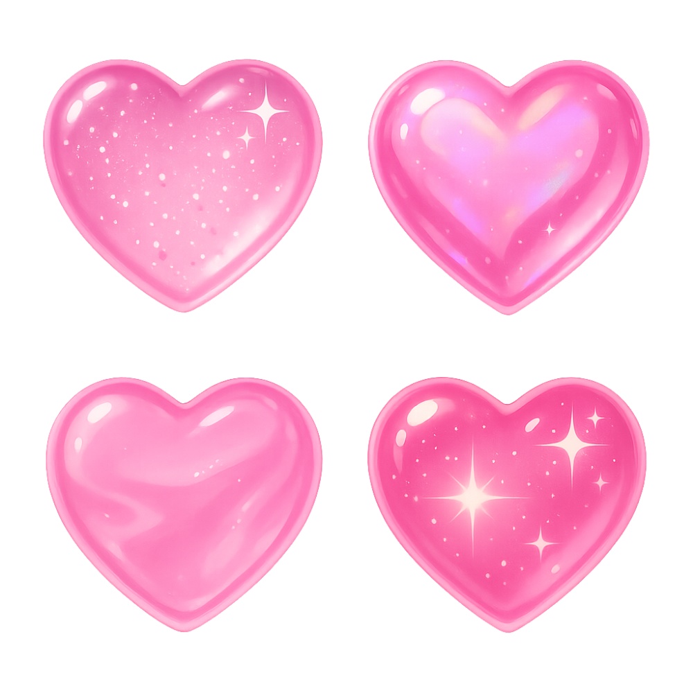 きらめくぷるんピンクハート4点セット|ラメ・オーロラ・ジェル質感 PNG素材(背景透過)
