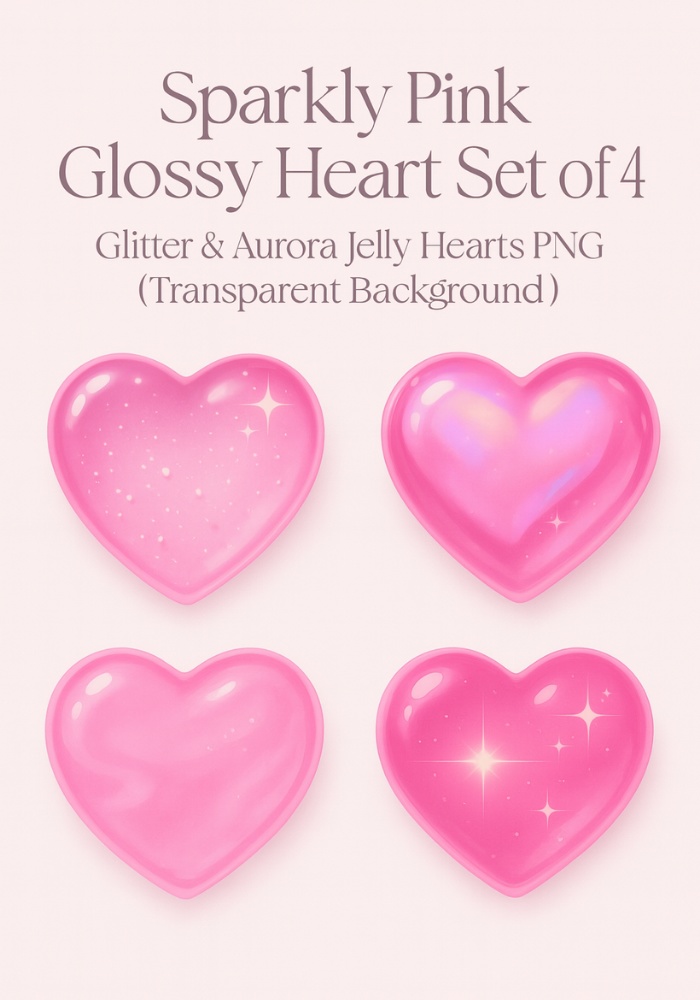 きらめくぷるんピンクハート4点セット|ラメ・オーロラ・ジェル質感 PNG素材(背景透過)