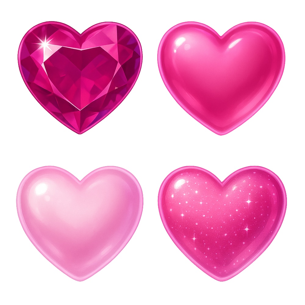 高級感ぷるんピンクハート4点セット|宝石・ジェル・ミルキー・ラメ PNG素材(背景透過)