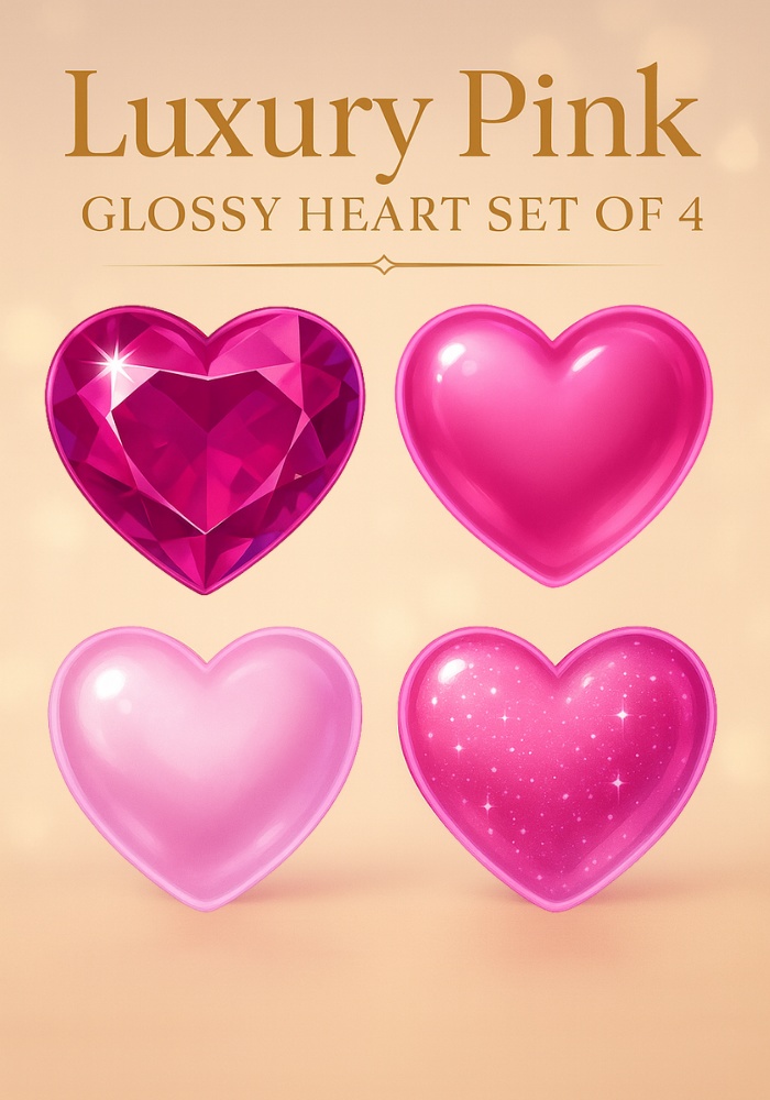高級感ぷるんピンクハート4点セット|宝石・ジェル・ミルキー・ラメ PNG素材(背景透過)