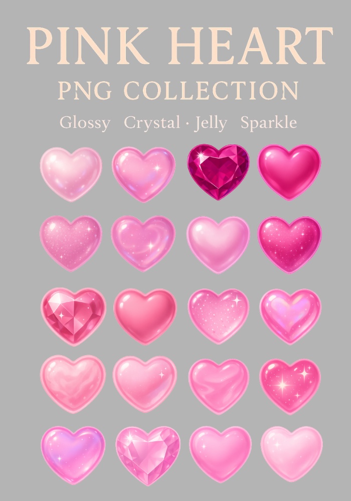 ぷるん透明ピンクハート20点セット｜宝石・ジェル・ミルキー・ラメ・オーロラ PNG素材（背景透過）
