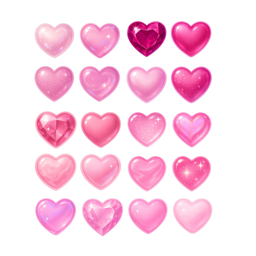 ぷるん透明ピンクハート20点セット|宝石・ジェル・ミルキー・ラメ・オーロラ PNG素材(背景透過)