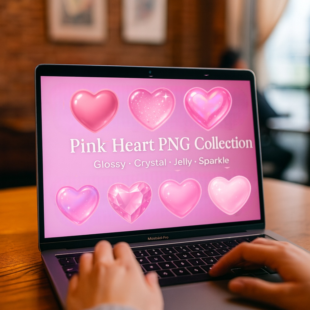 ぷるん透明ピンクハート20点セット|宝石・ジェル・ミルキー・ラメ・オーロラ PNG素材(背景透過)