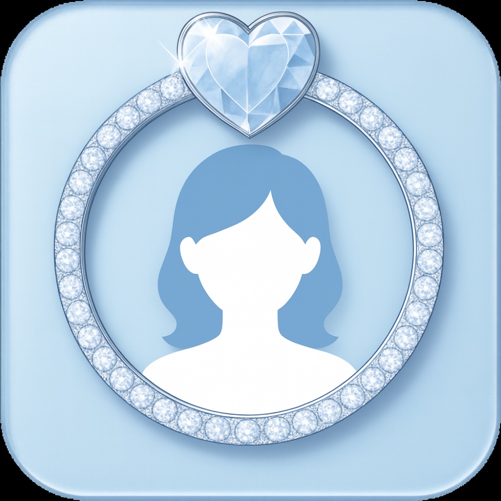 クリスタルブルー ハート&クラウン アイコンリング 4点セット|透明感ジュエリー風 フレーム素材 PNG
