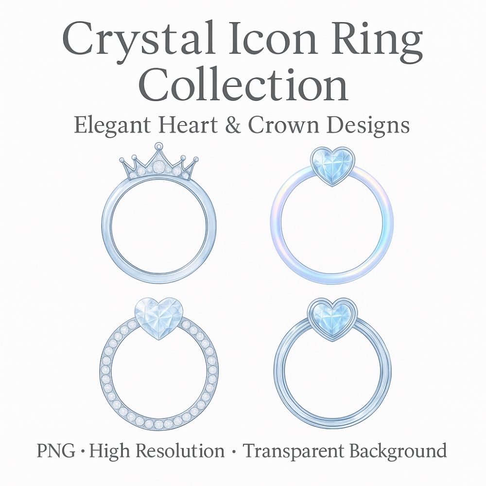 クリスタルブルー ハート&クラウン アイコンリング 4点セット|透明感ジュエリー風 フレーム素材 PNG