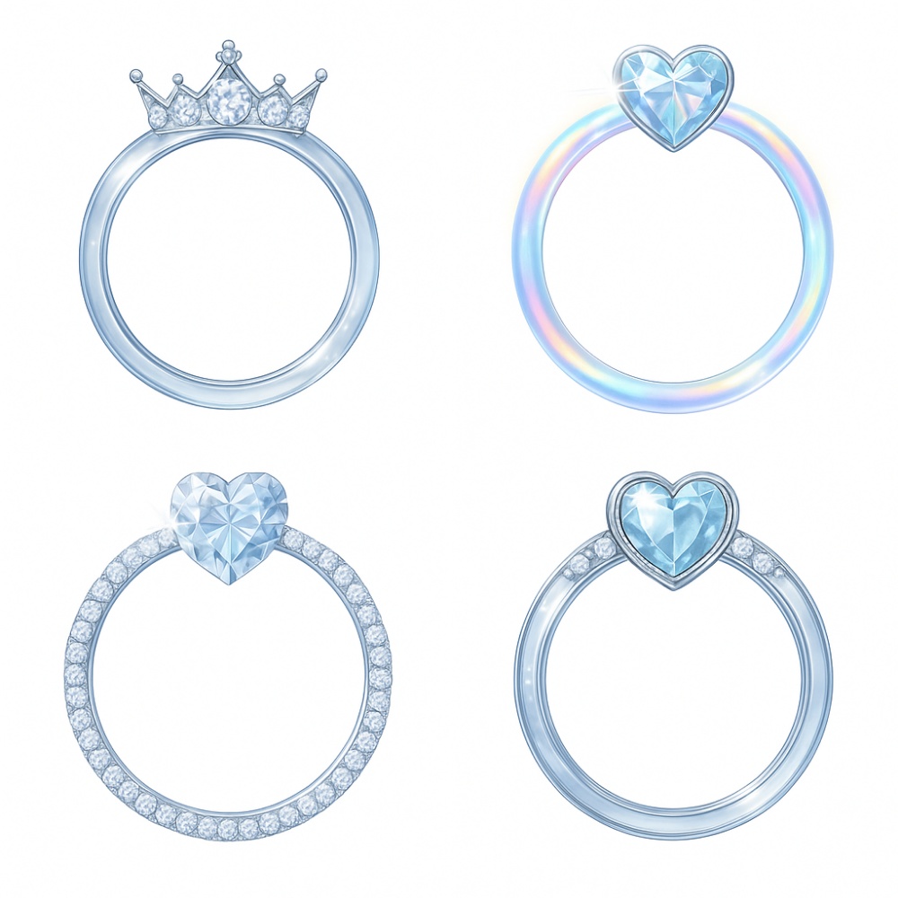 クリスタルブルー ハート&クラウン アイコンリング 4点セット|透明感ジュエリー風 フレーム素材 PNG