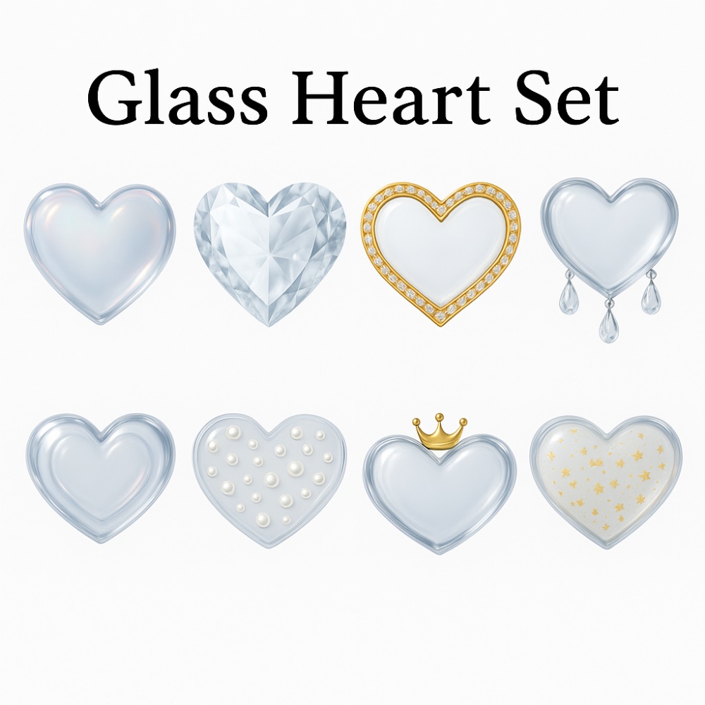 透明感ゴージャス ハート素材 8点セット｜オーロラ・クリスタル・ジュエリー風 PNG