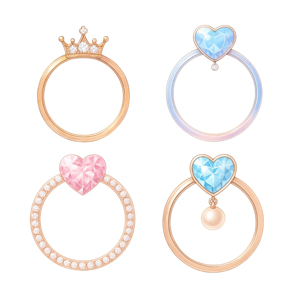 ジュエルハート&クラウン アイコンリング4点セット – ゴールド×宝石風・大人かわいい –