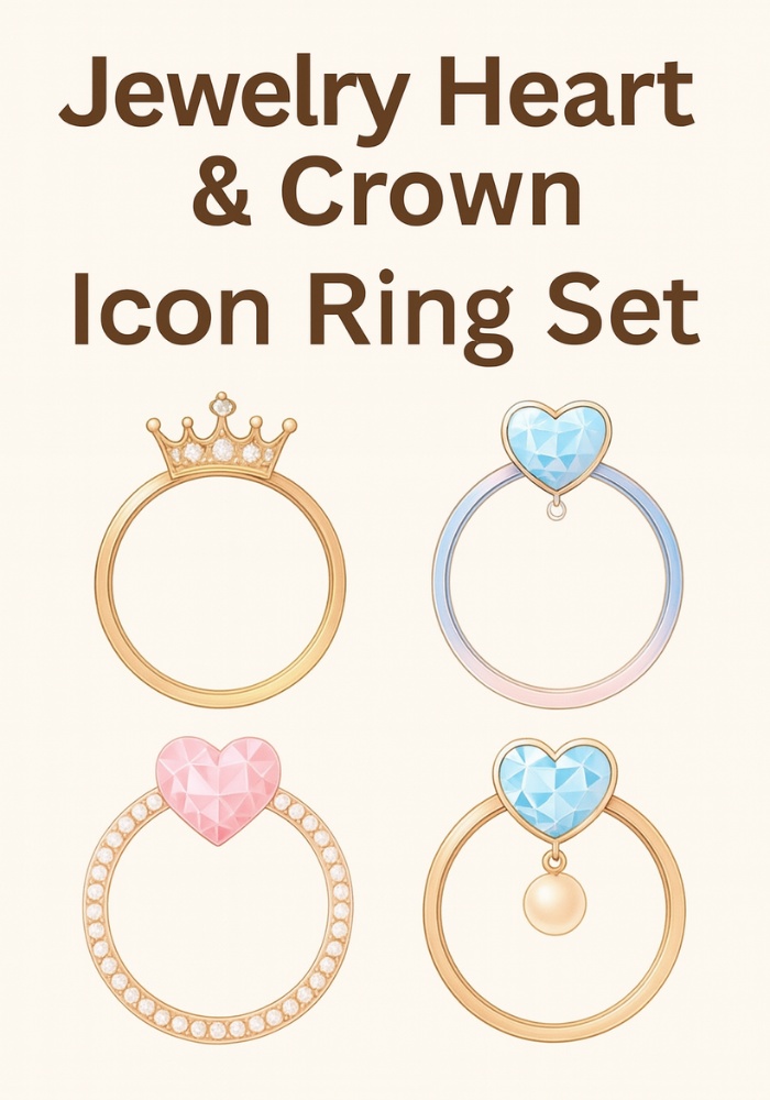 ジュエルハート&クラウン アイコンリング4点セット – ゴールド×宝石風・大人かわいい –