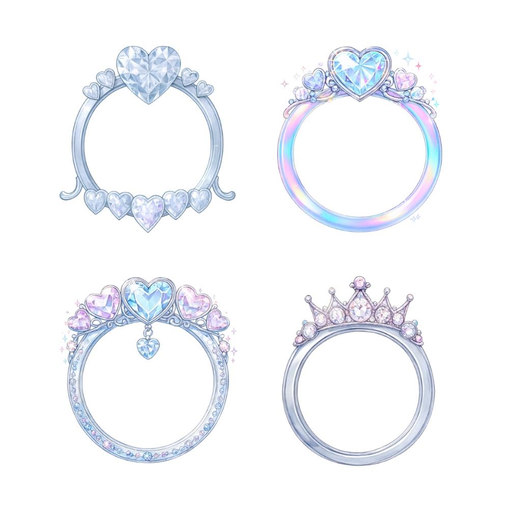 オーロラハート&クラウン アイコンリング4点セット – 透明感・プリンセス・ジュエリー風 –
