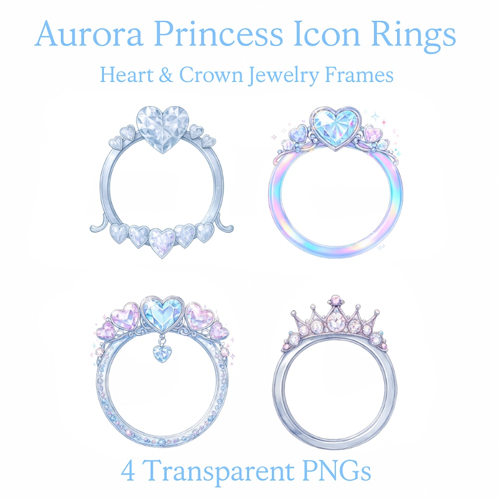 オーロラハート&クラウン アイコンリング4点セット – 透明感・プリンセス・ジュエリー風 –