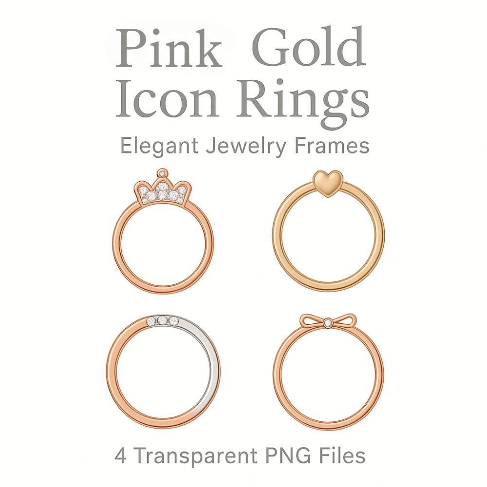 ピンクゴールド アイコンリング 4点セット クラウン・ハート・ダブルリング・リボン|上品ゴージャス フレーム素材