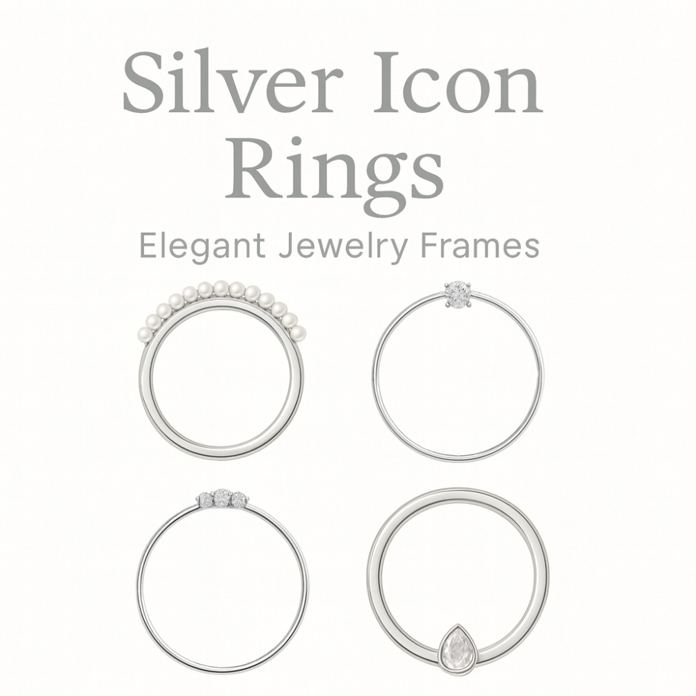 【アイコンリング】シルバー|透過PNG|4点セット|パール・ダイヤ・ミニストーン・ティアドロップ|上品ミニマル