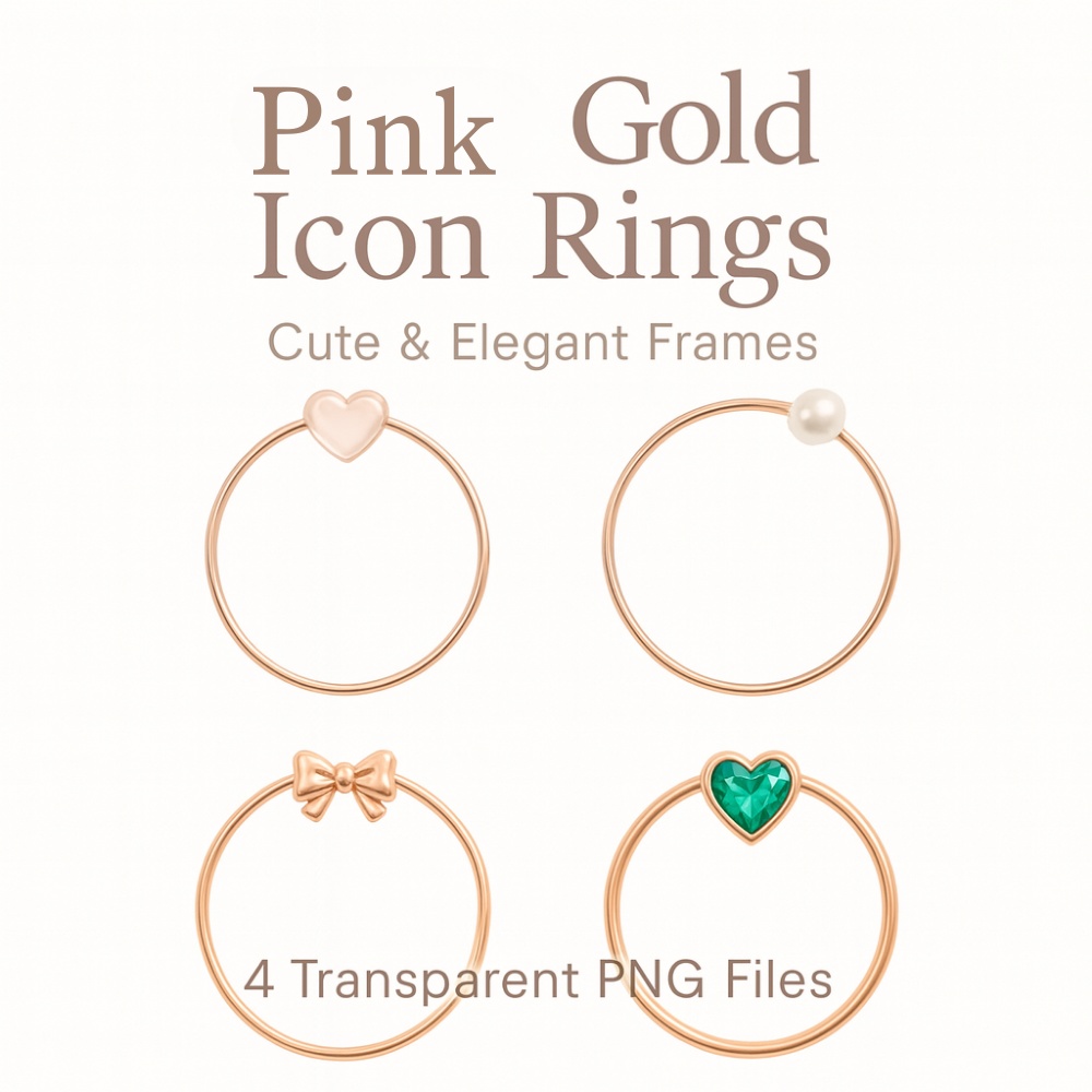 ピンクゴールド アイコンリング 4点セット ハート・パール・リボン・ジュエル|大人かわいい フレーム素材