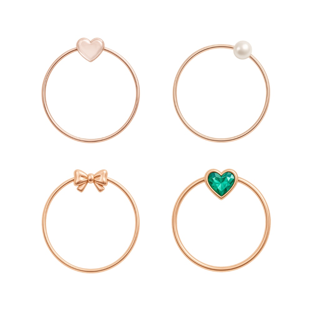 ピンクゴールド アイコンリング 4点セット ハート・パール・リボン・ジュエル|大人かわいい フレーム素材