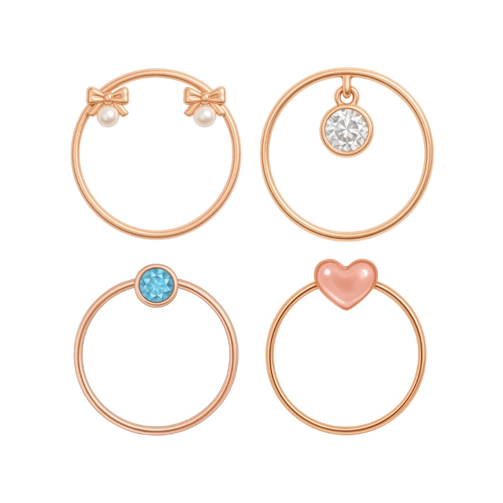 【アイコンリング】ピンクゴールド|透過PNG|4点セット|リボン・ダイヤ・カラーストーン・ハート|大人ガーリー