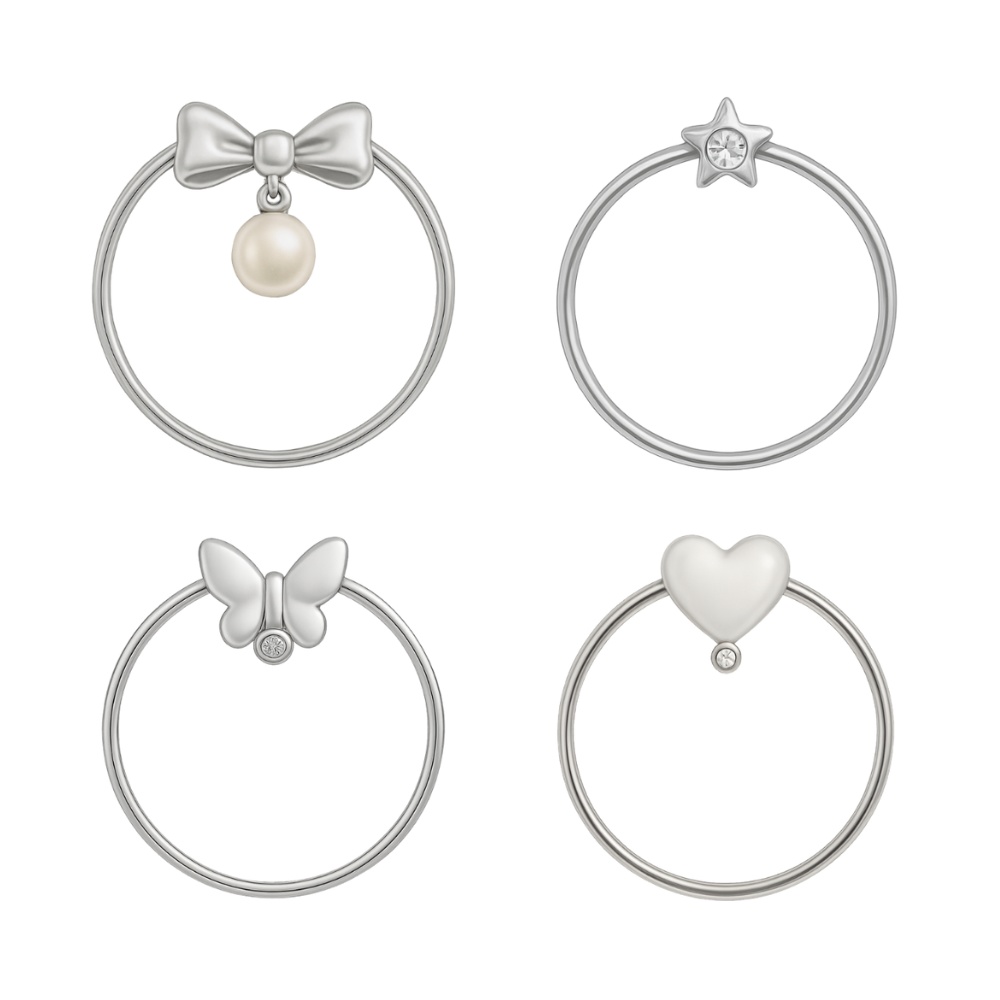 シルバー アイコンリング 4点セット リボン・スター・バタフライ・ハート|上品フェミニン フレーム素材