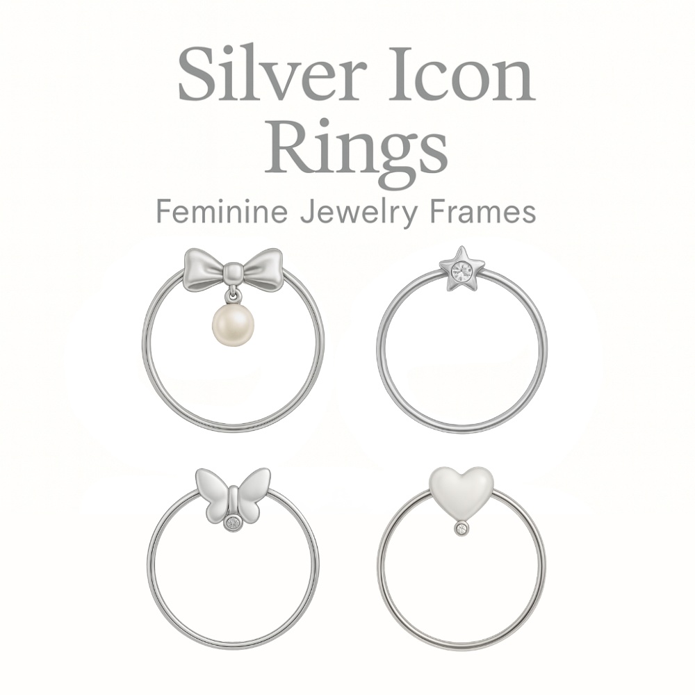 シルバー アイコンリング 4点セット リボン・スター・バタフライ・ハート｜上品フェミニン フレーム素材