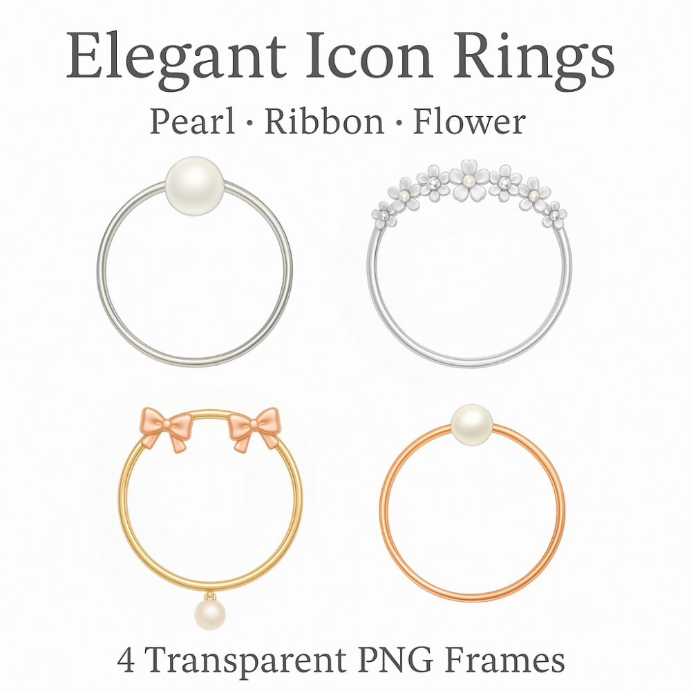 【アイコンリング】上品ゆめかわ｜透過PNG｜4点セット｜シルバー・ピンクゴールド｜パール・リボン・フラワー