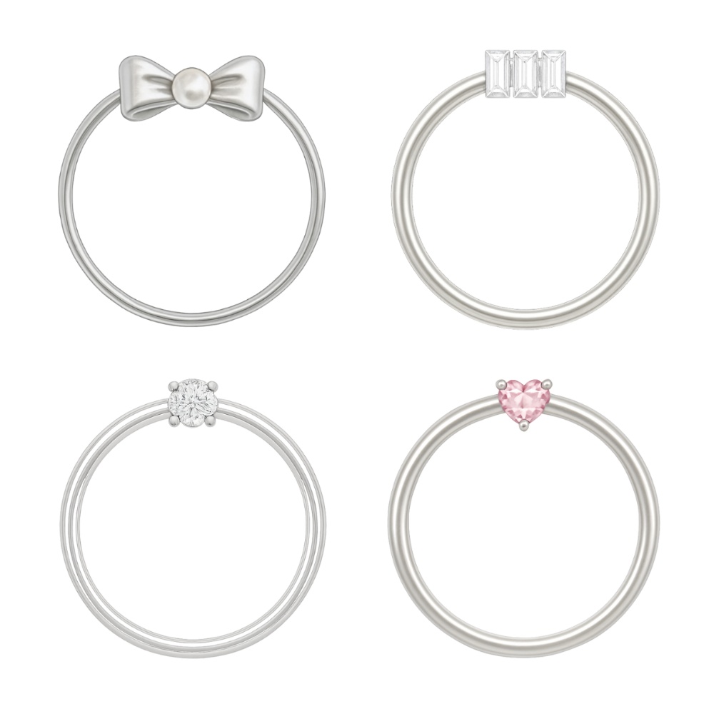ミニマル シルバー アイコンリング 4点セット ダイヤ・ハート・リボン|背景透過PNG