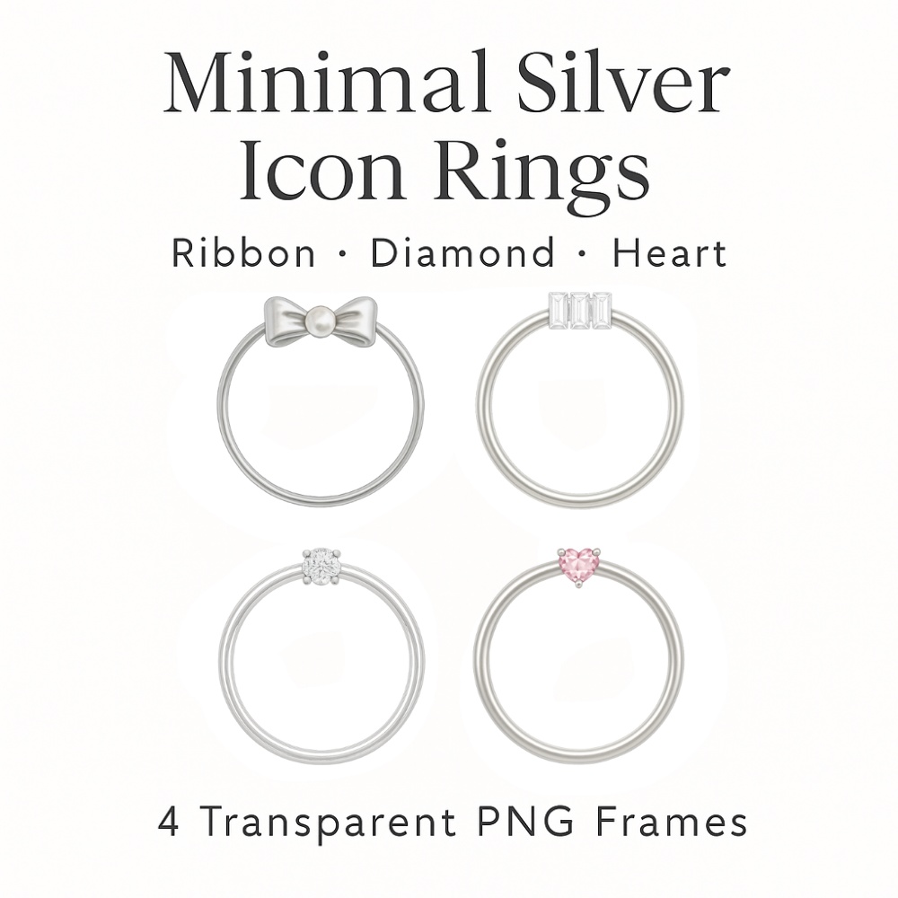 ミニマル シルバー アイコンリング 4点セット ダイヤ・ハート・リボン|背景透過PNG