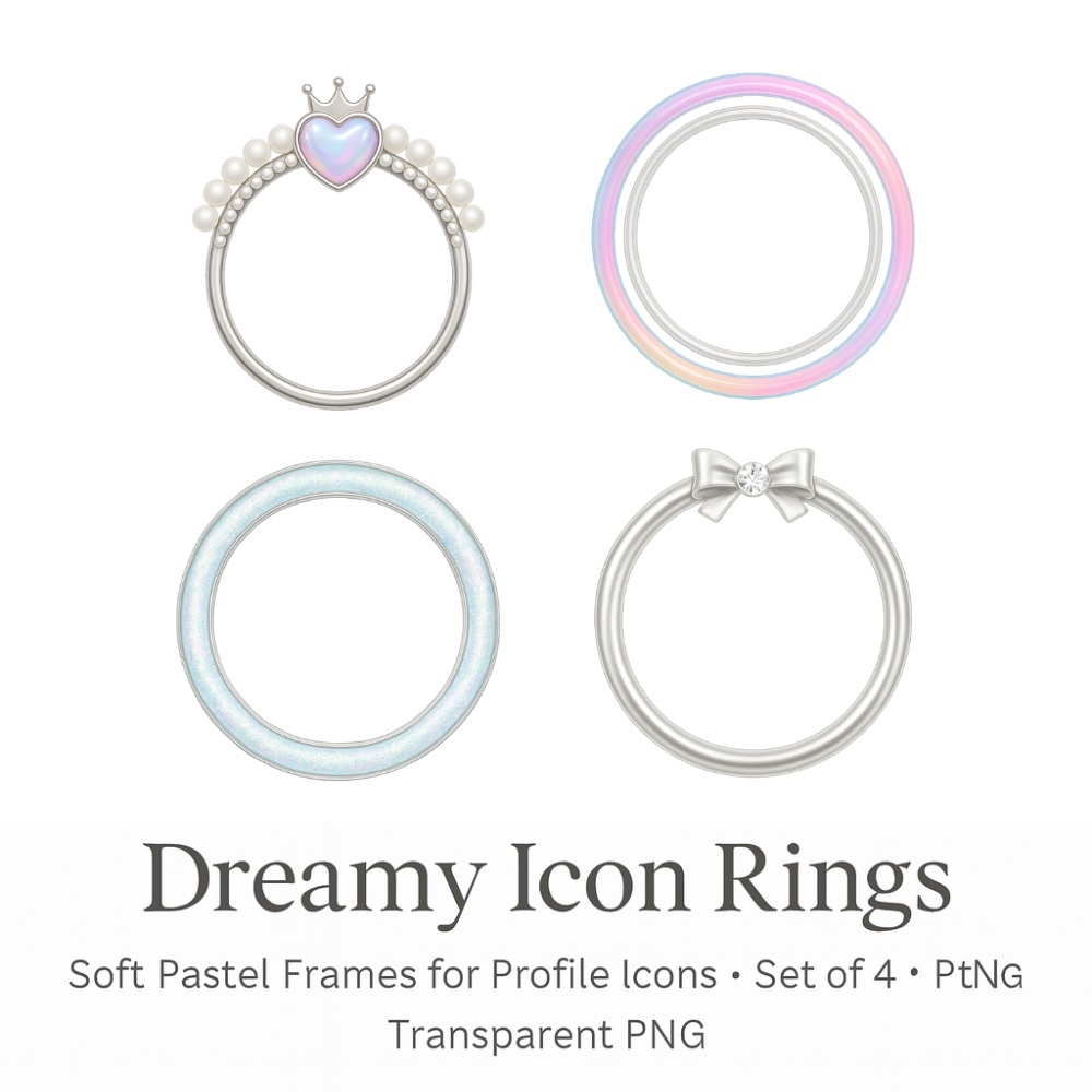 【アイコンリング】オーロラ｜透過PNG｜4点セット｜ハートクラウン・パール・リボン｜透明感・ゆめかわ