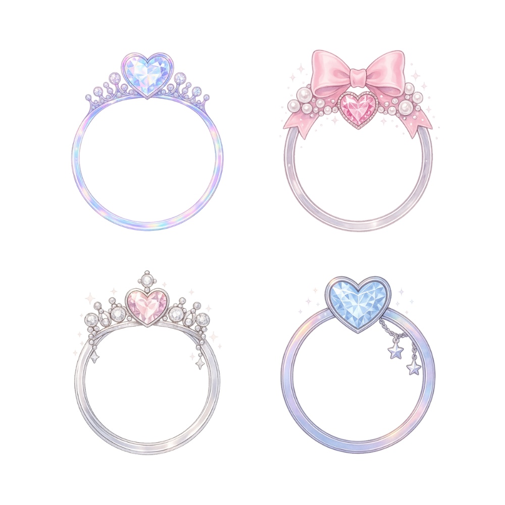 【アイコンリング】ゆめかわ ハートクラウン|透過PNG|4点セット|オーロラ・リボン・星チャーム|ガーリー