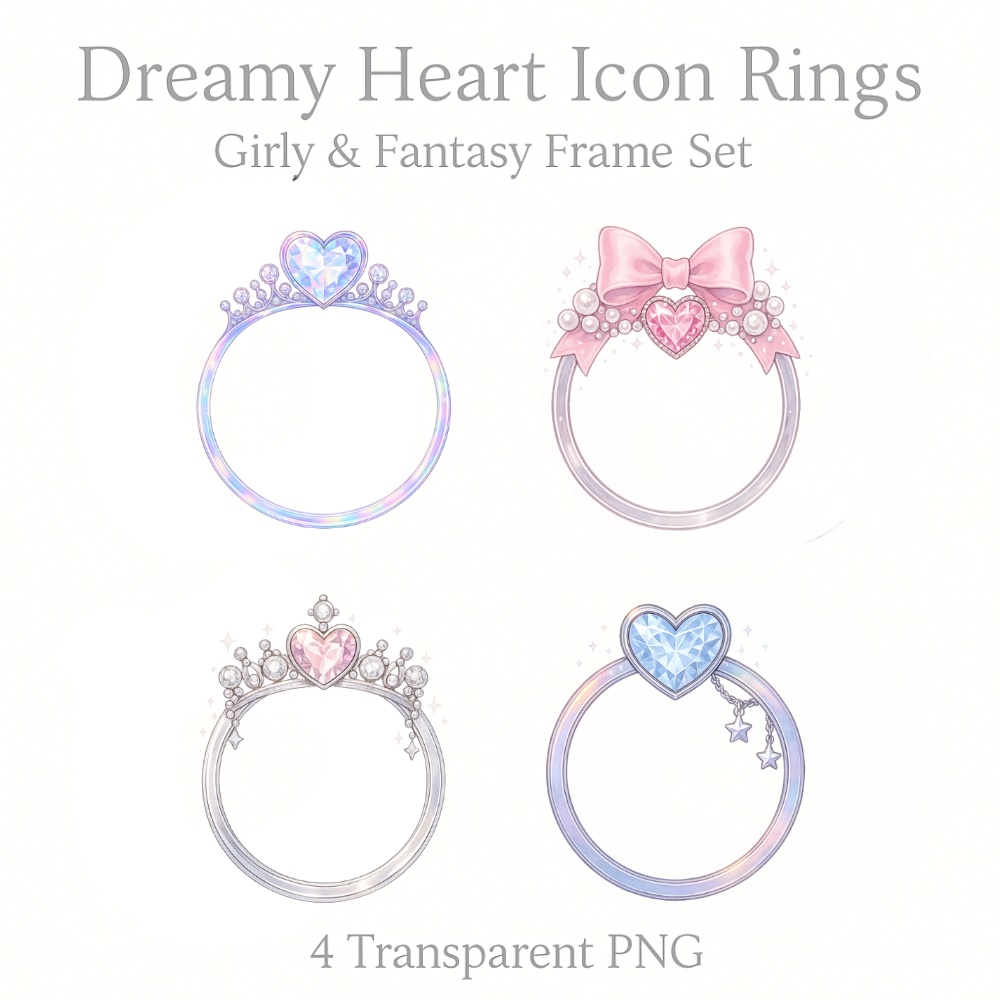 【アイコンリング】ゆめかわ ハートクラウン|透過PNG|4点セット|オーロラ・リボン・星チャーム|ガーリー