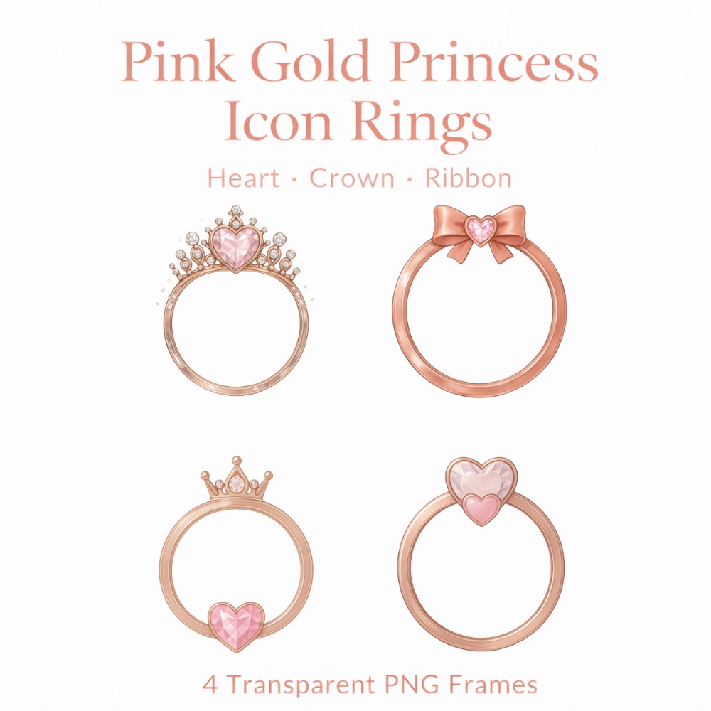 【アイコンリング】ピンクゴールド プリンセス|透過PNG|4点セット|ハート・クラウン・リボン