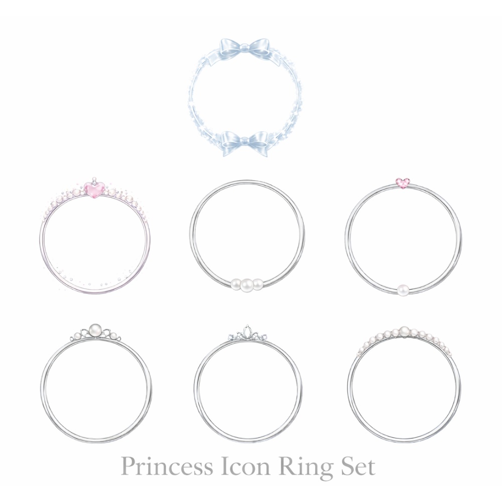 プリンセス アイコンリング 7点セット (リボン・パール・ティアラ|上品デザイン)