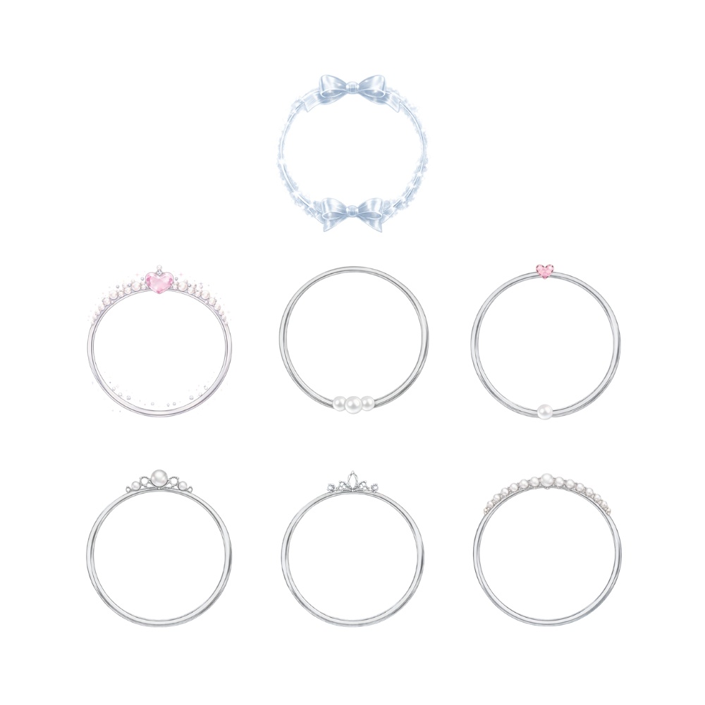 プリンセス アイコンリング 7点セット (リボン・パール・ティアラ|上品デザイン)