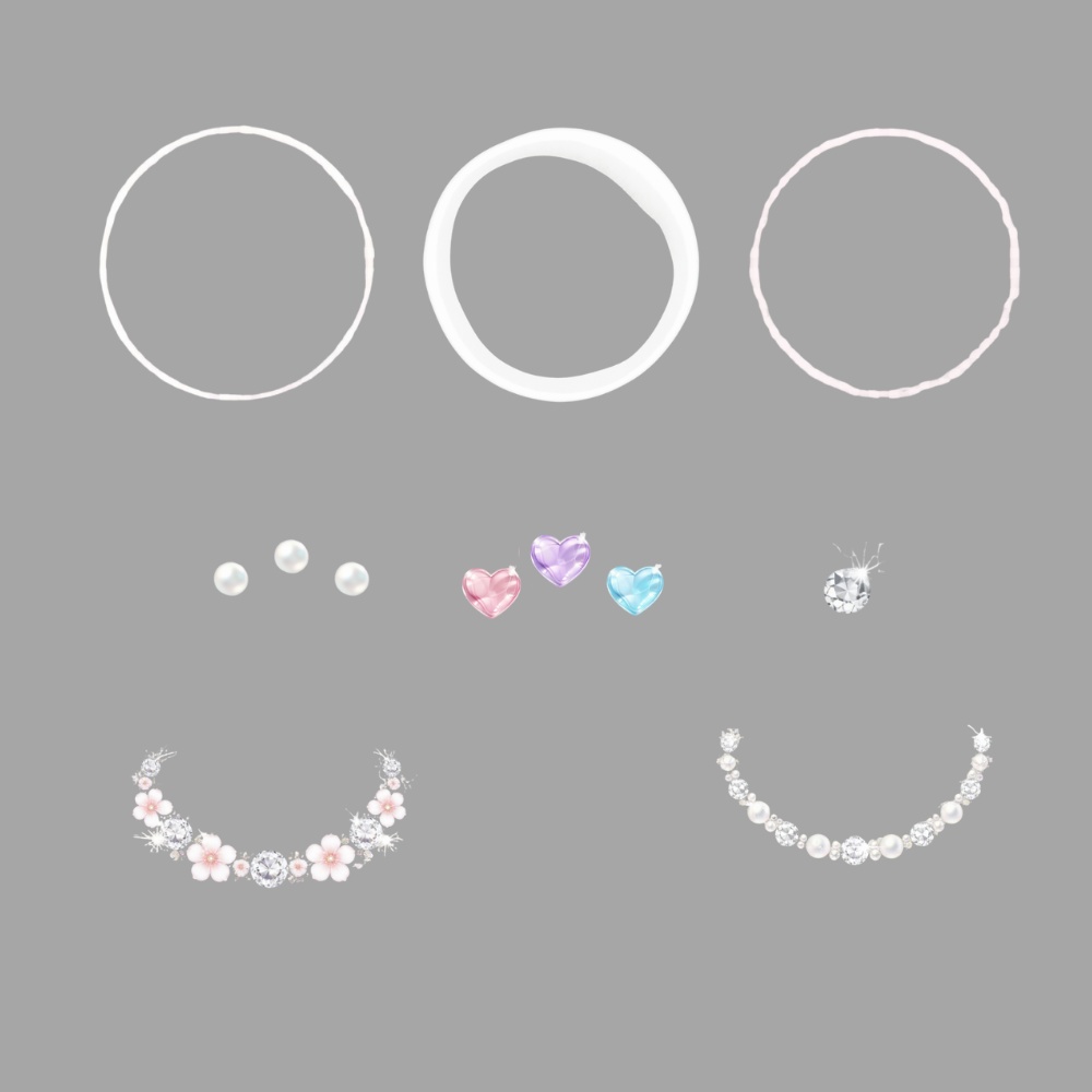 上品ガーリー 重ね用アイコン素材 8点セット|ソフトグロウ・パール・ガラスハート・ジュエル