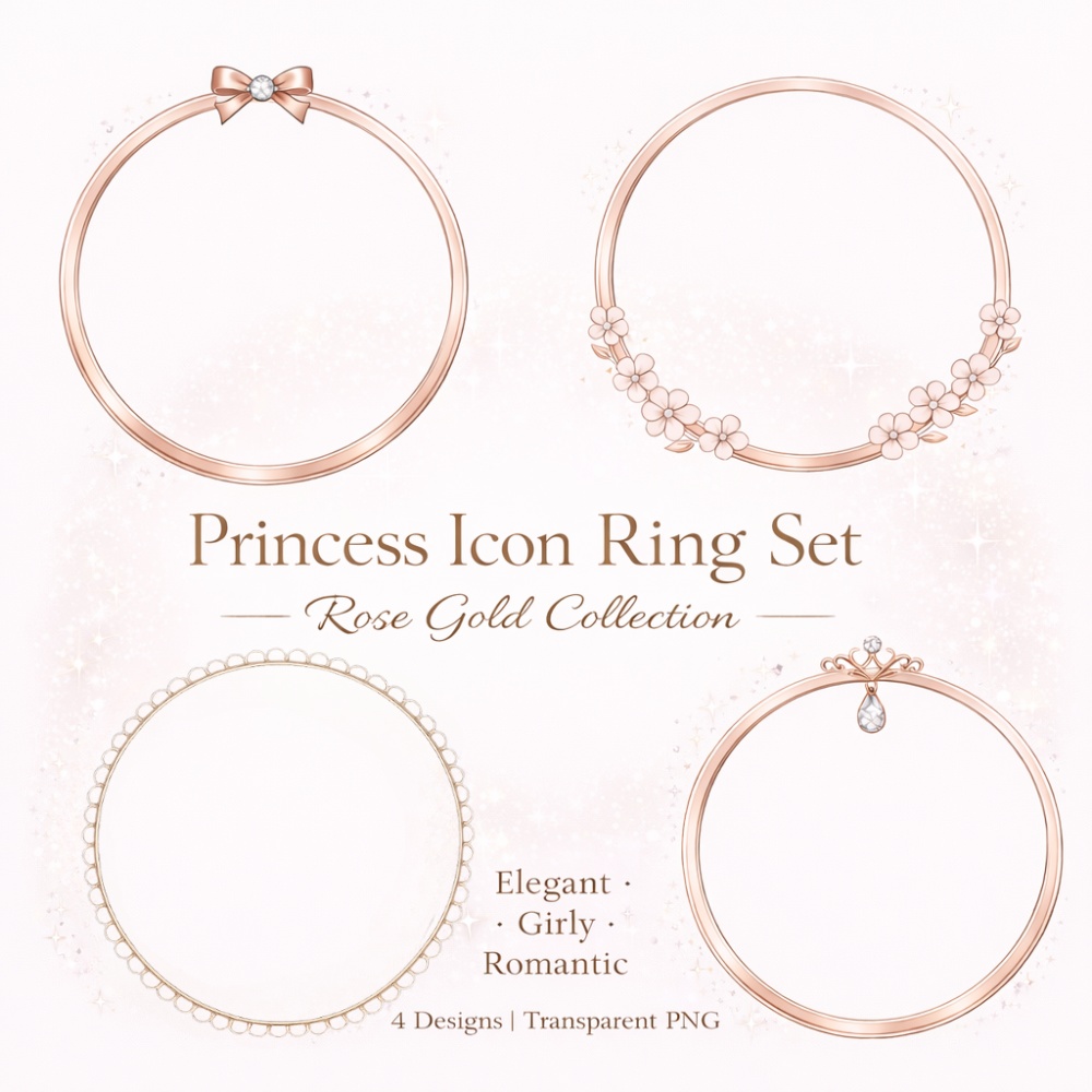 プリンセス アイコンリング 4点セット|ピンクゴールド リボン・フラワー・パール・ジュエル