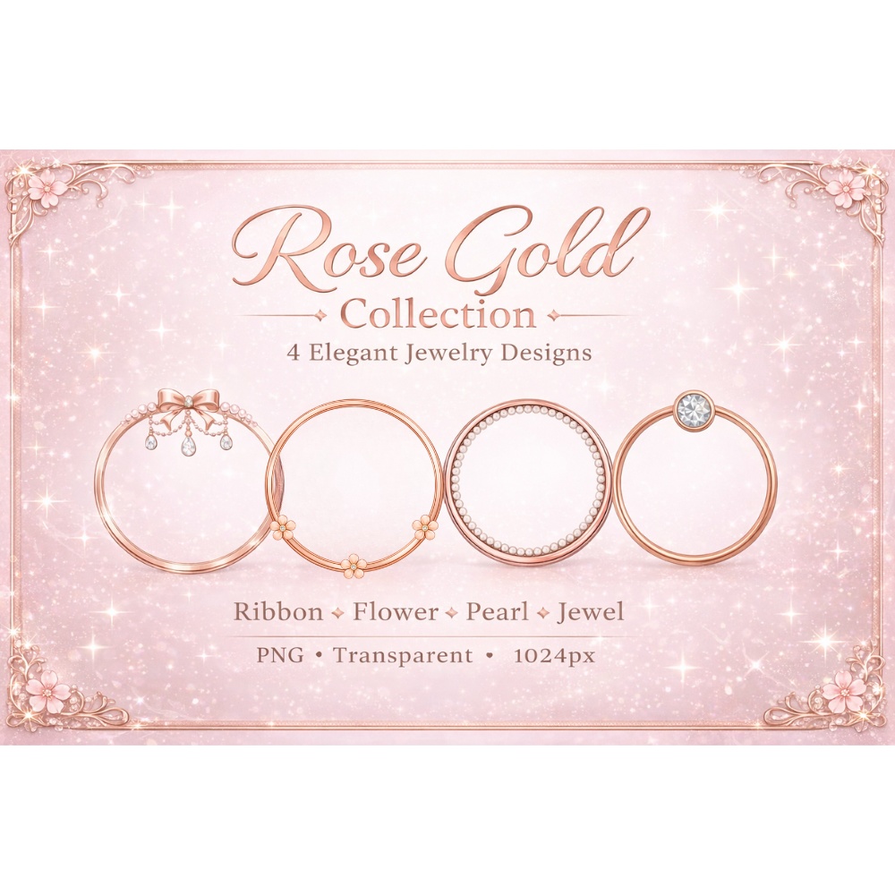 ローズゴールドカラーのアイコンリング4点セット|リボン・フラワー・パール・ジュエル