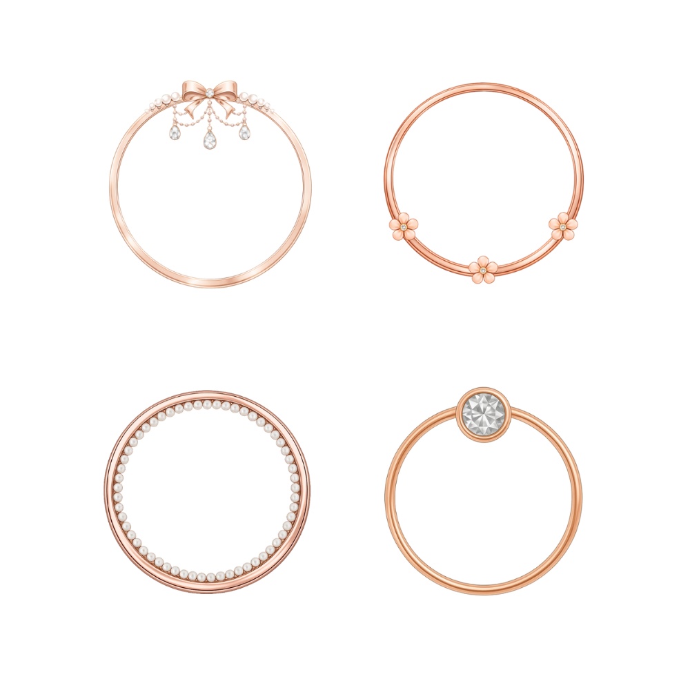 ローズゴールドカラーのアイコンリング4点セット|リボン・フラワー・パール・ジュエル