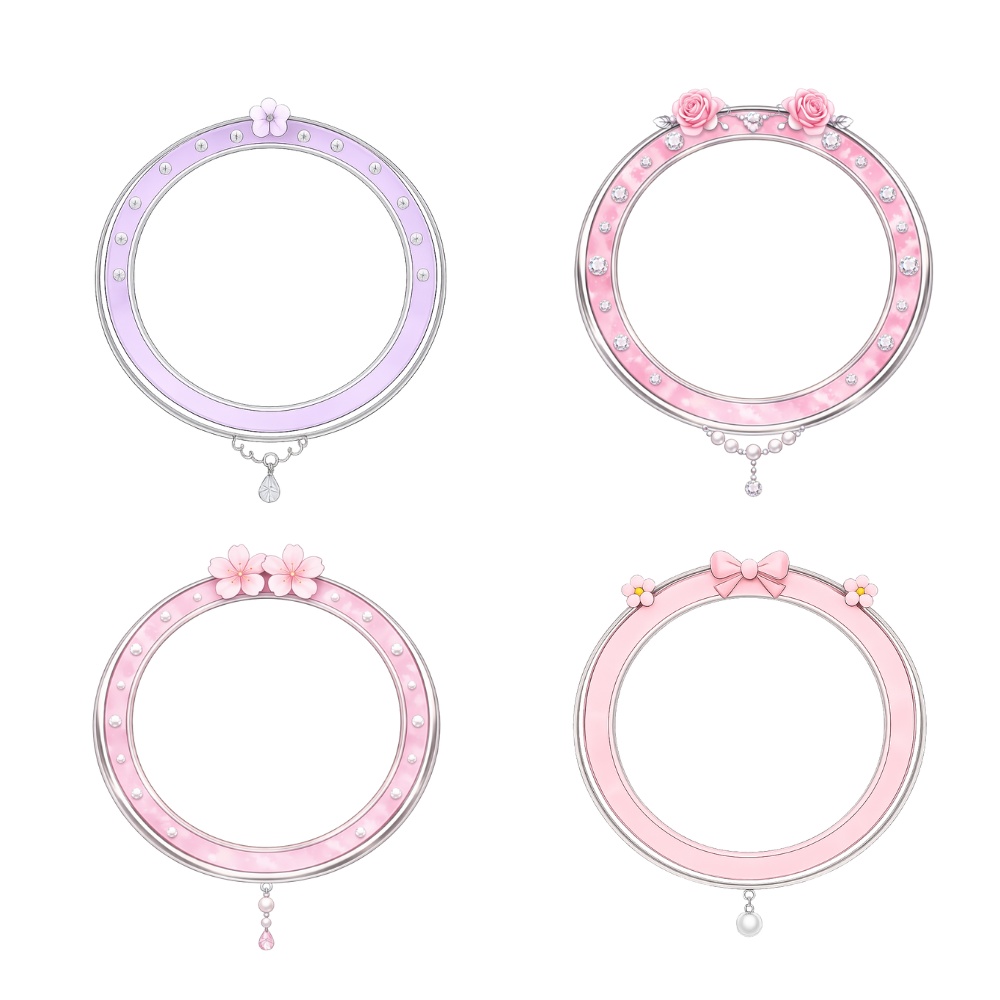 フラワー&リボン アイコンリング 4点セット 上品ガーリー・アクセサリー風フレーム PNG