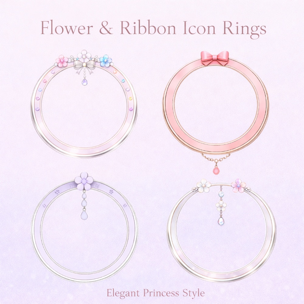 フラワー&リボン アイコンリング 4点セット 揺れチャーム付き・上品プリンセスフレーム PNG